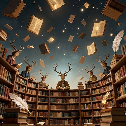 Photograph-style digital art: Five people with deer heads, wearing suits, read books in a circular library with floating books and feathers.