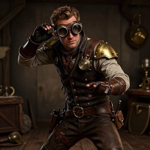 Photograph of a rugged, brown-haired man in steampunk gear with brass goggles, gold shoulder armor, and leather gloves, pointing forward in a