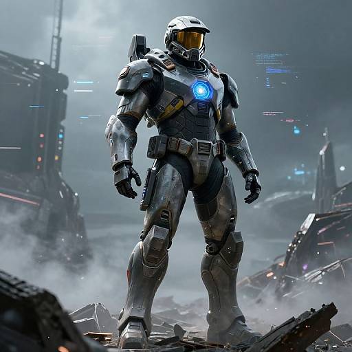 CGI sci-fi image of a futuristic, armored soldier with a glowing blue chest light, standing on rubble in a foggy, neon-lit city