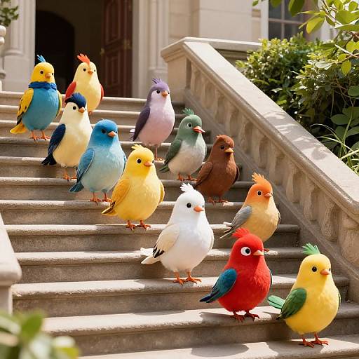 Colorful parrots on stone steps: yellow, blue, red, green, white, brown birds line staircase, sunlight, lush greenery, classical