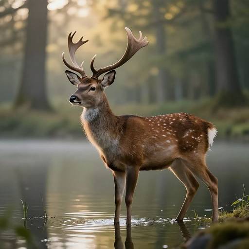 Photograph of a majestic, brown deer with large antlers standing in a serene forest pond, sunlight filtering through trees in the background.