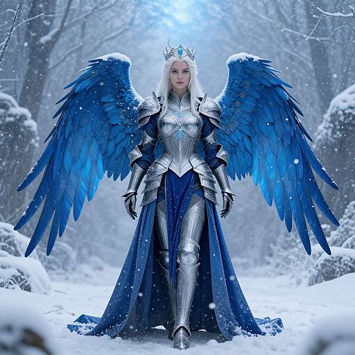 Digital artwork of a blonde, blue-winged, armored queen in a snowy forest, wearing a silver crown, with a blue cape and intricate armor.