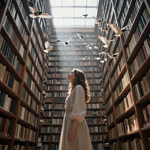Photograph of a woman with wavy brown hair in a white dress, standing in a sunlit, towering library with birds flying overhead.