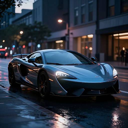 Photograph of a sleek, silver Lamborghini parked on a rainy urban street at dusk, with glowing headlights and reflections on wet pavement.