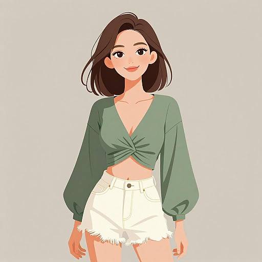 Digital illustration of a smiling Asian woman with straight brown hair, wearing a green, tied-front crop top and white high-waisted shorts.