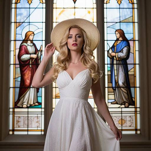Photograph of a blonde woman in a white, sleeveless, V-neck wedding dress, wearing a large straw hat, standing in front of two stained