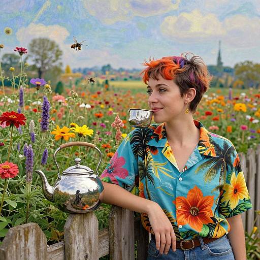 Photograph of a woman with short red-orange hair, wearing a colorful floral shirt, leaning on a wooden fence in a vibrant flower field, with a