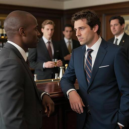 Two Men in Formal Suits Talking at Bar