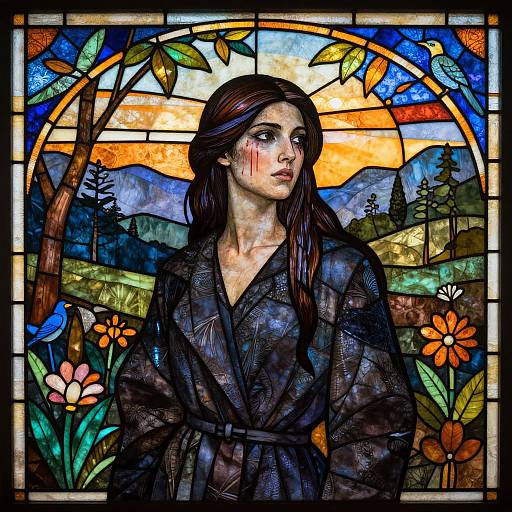 Stained glass artwork of a pensive brunette woman in a dark robe, set against a vibrant mountain landscape with colorful flowers and birds.