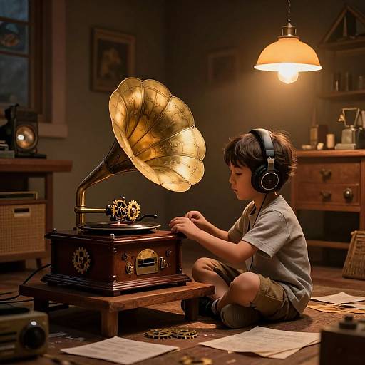 Curious Boy with Vintage Gramophone