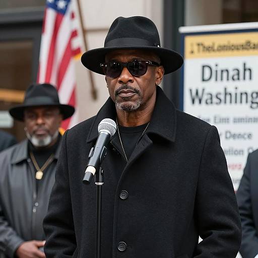 Black Man Speaking at Microphone in Urban Setting