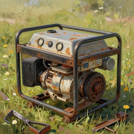 Rust-covered, vintage gas engine with three dials, surrounded by a metal frame, sits in a sunlit, grassy meadow with wild