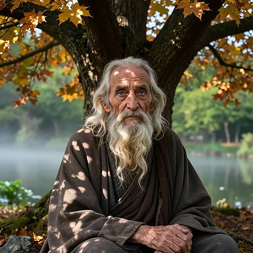 Photograph of an elderly man with a long white beard, wearing a dark robe, sitting under a tree with yellow leaves, beside a misty lake