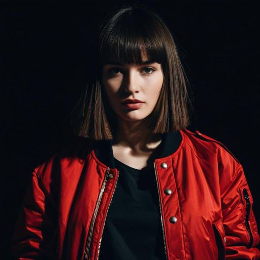 Fashion Model with Blunt Bangs in Red Bomber Jacket