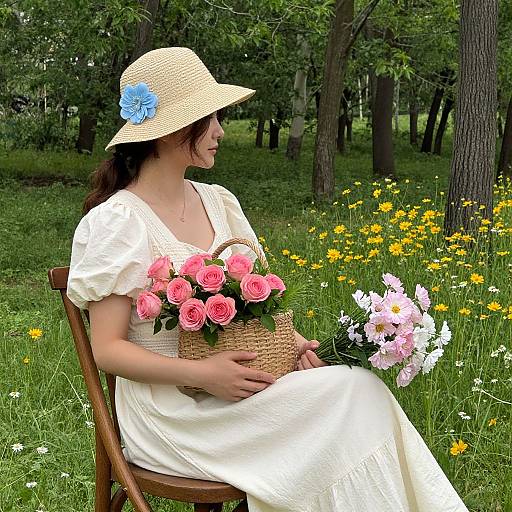 Photograph of a woman in a white dress and straw hat with blue flower, sitting in a forest, holding pink and white roses.