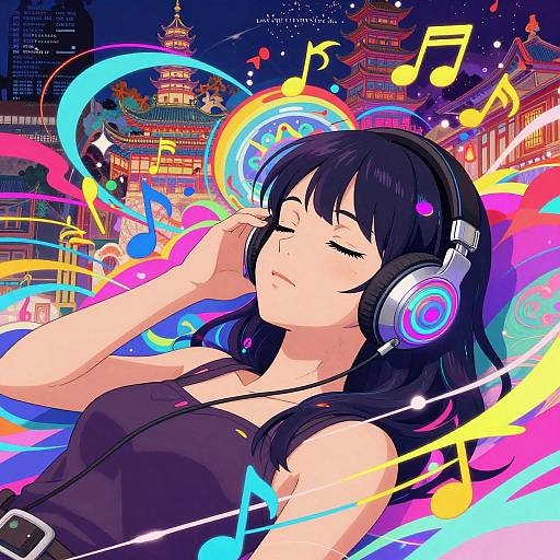 Digital anime-style drawing of a black-haired woman with closed eyes, wearing headphones, listening to vibrant, colorful music notes against a nighttime cityscape with illuminated