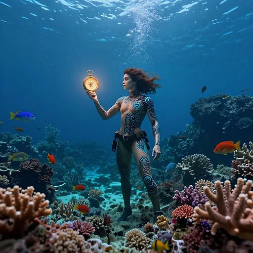Underwater photograph of a tattooed woman in a black wetsuit holding a glowing lantern, surrounded by colorful coral and fish.