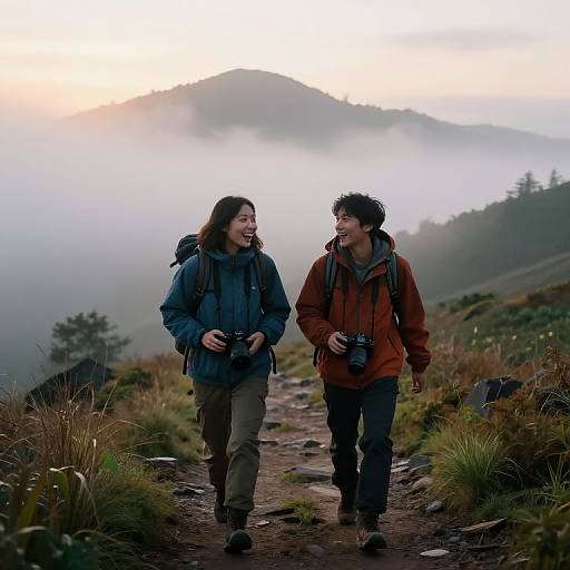 Photograph of a smiling Asian couple hiking in misty mountains, wearing winter jackets and carrying cameras, walking on a rocky path.