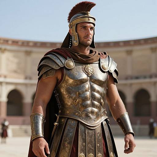  CGI image of a muscular male gladiator with bronze armor, black cape, and plumed helmet, standing in a sunlit arena.