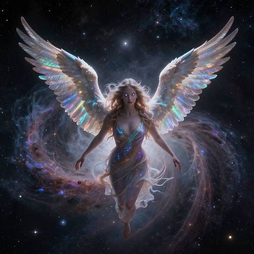 Digital artwork of a glowing, ethereal angel with iridescent wings, flowing white gown, and blue eyes, floating in a cosmic, starry