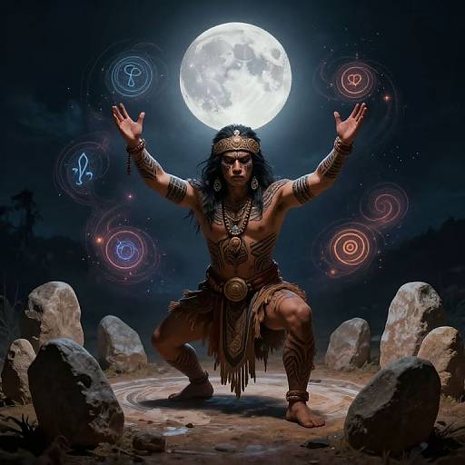 Photorealistic digital art of a fierce, muscular, tribal warrior with long black hair, kneeling under a full moon, arms raised, surrounded by glowing