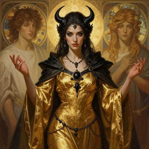Digital artwork of a regal woman with black horns, gold dress, black cape, and necklace, flanked by two angelic figures.