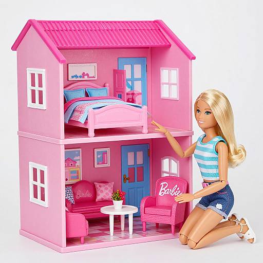 Digital illustration of a blonde Barbie doll in a striped shirt and shorts, kneeling in front of a pink, two-story dollhouse.