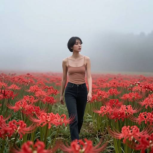 Photograph of an Asian woman with short black hair, wearing a pink tank top and black jeans, walking through a vibrant red field of flowers in a