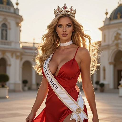 Photograph of a blonde, attractive woman with long hair, wearing a red, low-cut satin dress, white sash, and gold crown, standing