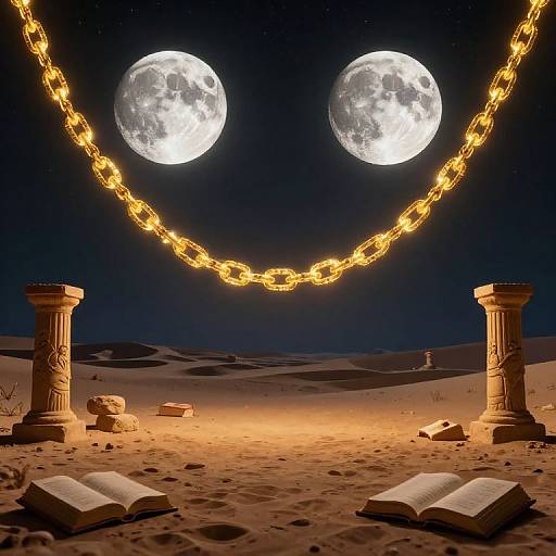 Digital artwork of a desert night with two full moons, glowing chain overhead, ancient pillars, and open books on sandy ground.