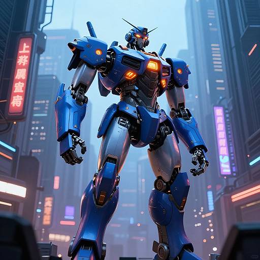 CGI image of a towering blue and silver mecha robot with glowing orange eyes, standing in a neon-lit, futuristic city street.