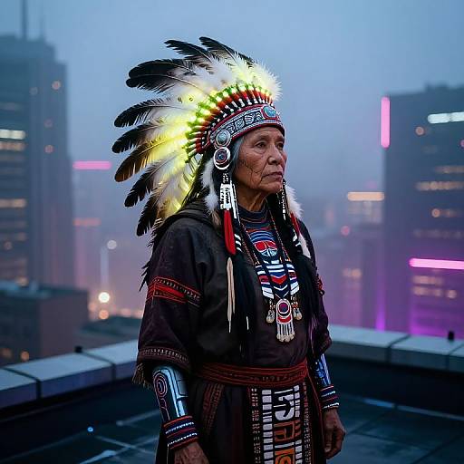 Photograph of an elderly Native American man in traditional attire, including a vibrant feathered headdress, standing on a rooftop at dusk, with city lights