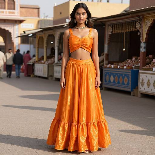 Photograph of an Indian woman with dark hair, wearing an orange crop top and long skirt, standing in a bustling market street with colorful stalls in the