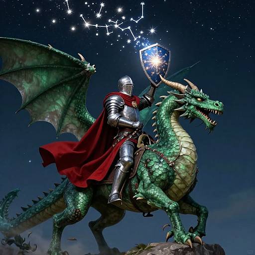 Knight in shining armor with red cape rides green dragon under starry night sky, holding glowing shield with constellation patterns. Digital artwork.