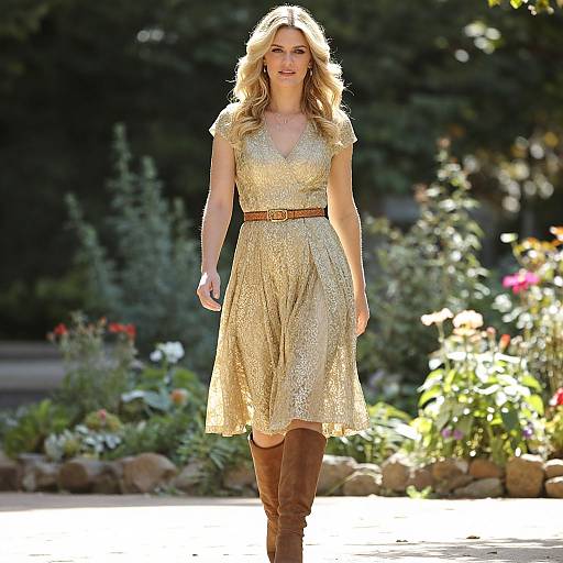 Photograph of a blonde woman with wavy hair, wearing a sparkly gold dress and brown boots, walking through a sunlit garden.