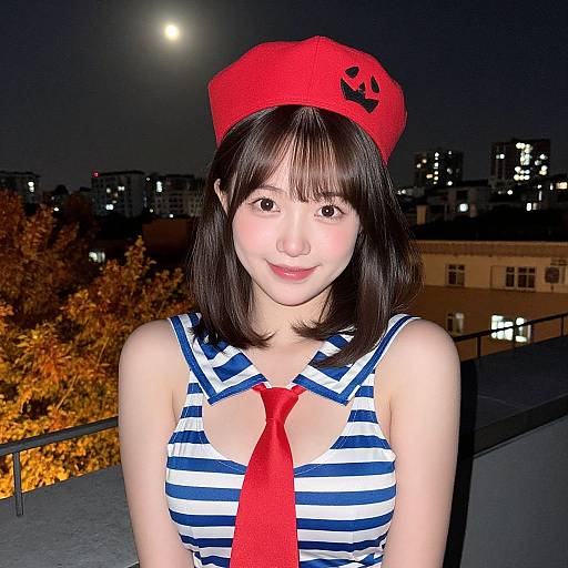 Photograph of an Asian woman with shoulder-length black hair, wearing a red sailor hat, striped blue and white top, and red tie, standing on