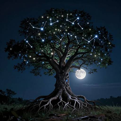 Photograph of a night scene with a mystical tree adorned with glowing blue and white star-like lights, a full moon partially obscured by branches, and visible