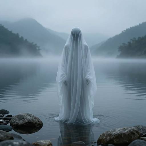 Mysterious, ethereal figure in a white, flowing cloak stands in a misty, mountain-surrounded lake, creating a haunting, surreal atmosphere.
