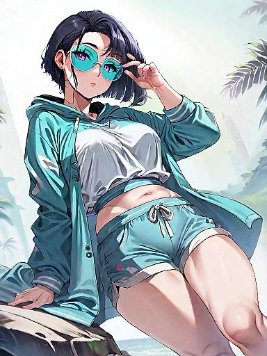 Stylish Anime Girl in Aqua Leisurewear with Sunglasses