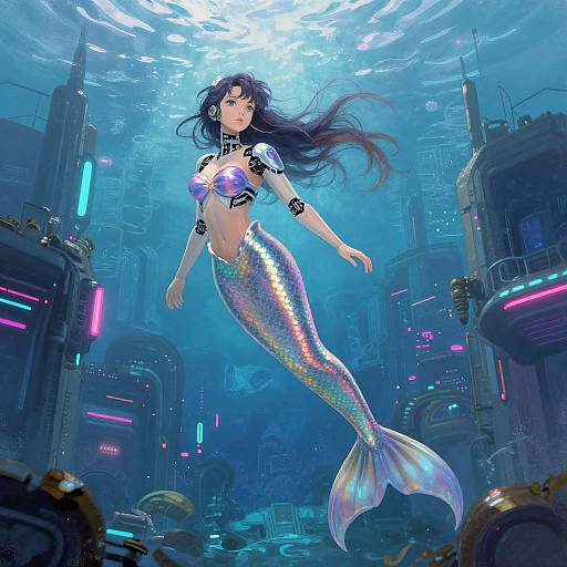 Digital art of a vibrant, iridescent mermaid with long black hair, neon cityscape background, and futuristic architecture, underwater.