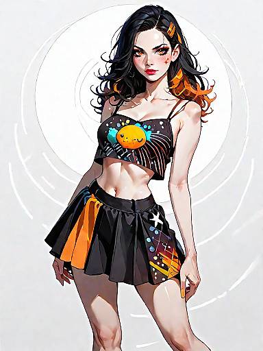 Trendy Woman in Graphic Crop Top and Orange Mini Skirt