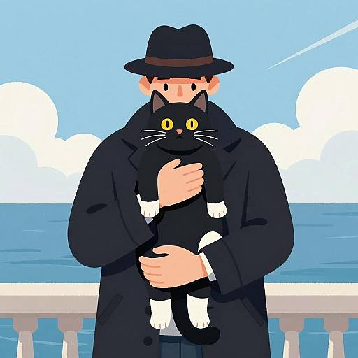 Man Holding Black Cat by the Ocean