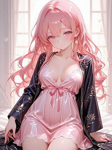 Anime Girl in Blush Pink Silk Robe and Satin Chemise