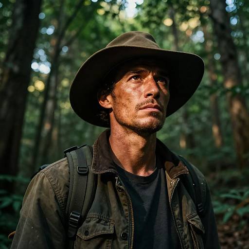 Photograph of a rugged, bearded man with medium brown skin, wearing a wide-brimmed hat and green jacket, standing in a dense,