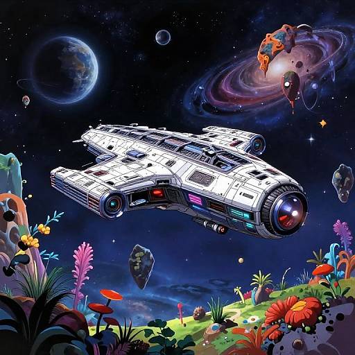 Vibrant space illustration: colorful planet in background, glowing nebula, white spacecraft with blue accents, and lush alien landscape with multicolored flowers