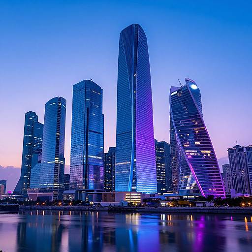 Photograph of a modern city skyline at dusk, featuring tall, illuminated skyscrapers with blue, purple, and pink lights reflecting on a calm water