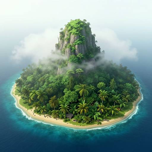 Photorealistic digital rendering of a small tropical island with lush green palm trees, sandy beach, rocky cliff, and misty atmosphere. Surrounding clear