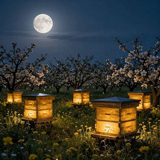 Luminous Beehives in Moonlit Wildflowers