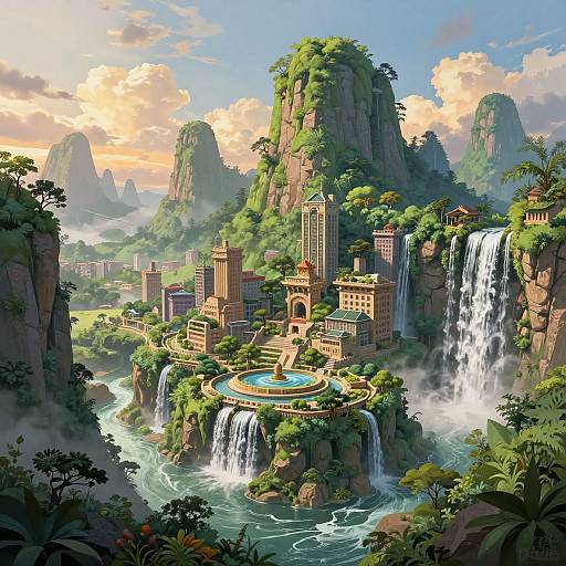 Digital fantasy landscape: lush, green, towering cliffs surround a city with tall buildings, a central fountain, and cascading waterfalls, set against a