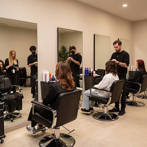 Photograph of a modern hair salon with five clients in black salon chairs, each receiving haircuts from four stylists in black uniforms. Reflective mirrors